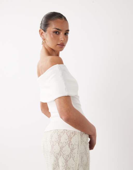 ASOS DESIGN - Top à encolure Bardot en coton compact - Crème, 4 de 4