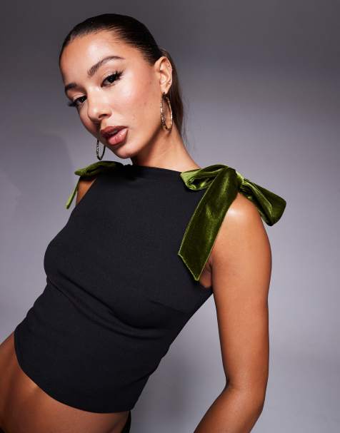 ASOS DESIGN - Top à encolure bateau avec bretelles nouées en velours - Noir/vert olive - view 1