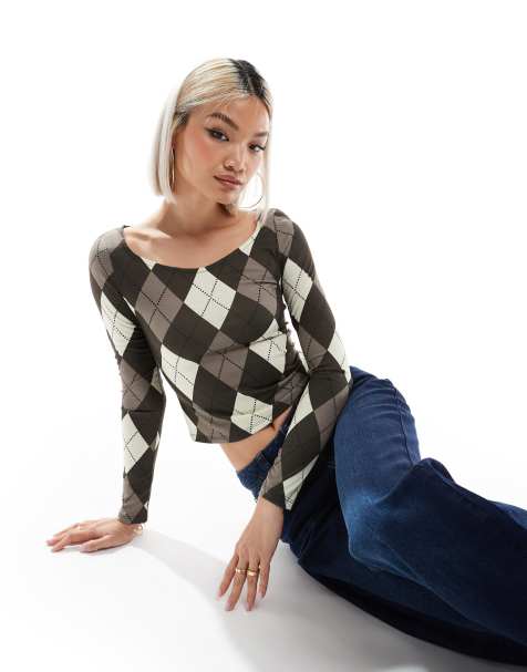 ASOS DESIGN - Top à encolure bateau et motif losanges - Marron - view 1