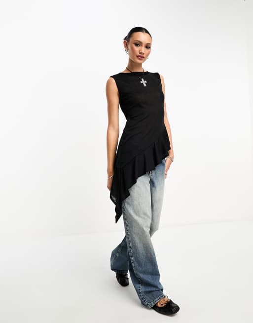 ASOS DESIGN - Top à encolure bateau et ourlet asymétrique volanté - Noir, 2 de 4