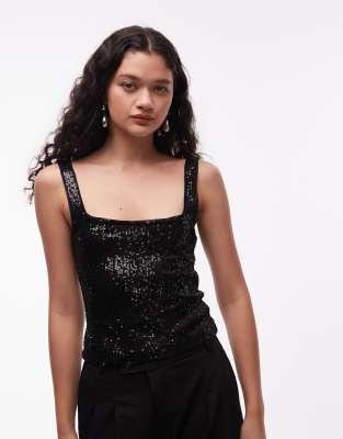 ASOS DESIGN - Top à encolure carrée entièrement orné de sequins - Noir