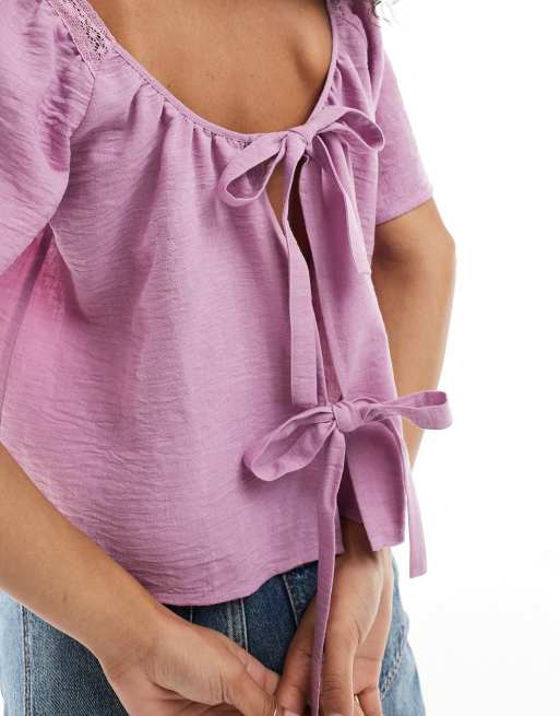 ASOS DESIGN - Top à encolure carrée, liens dans le dos et empiècement en dentelle - Lilas, 3 de 4