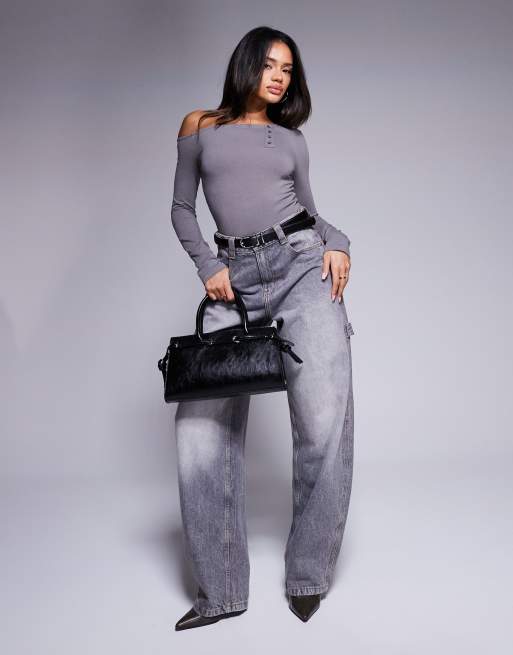 ASOS DESIGN - Top à encolure dégagée et épaule dénudée avec boutonnage asymétrique - Anthracite, 4 de 4