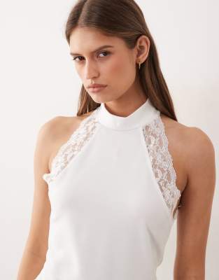 Top à encolure licou et bords en dentelle - Blanc XS