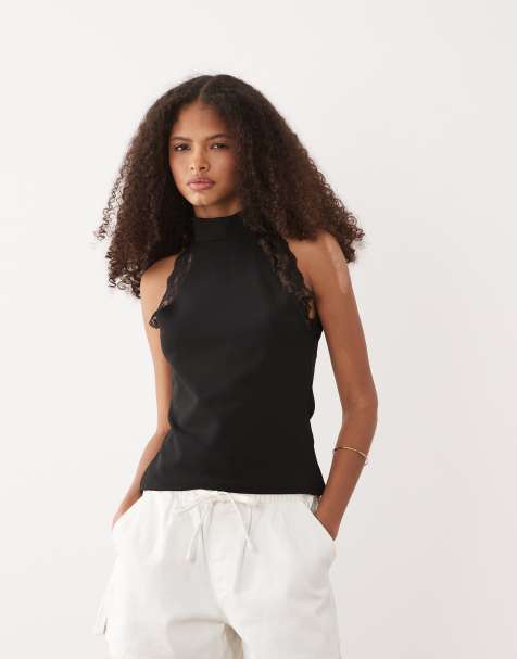 ASOS DESIGN - Top à encolure licou et bordures en dentelle - Noir - view 1