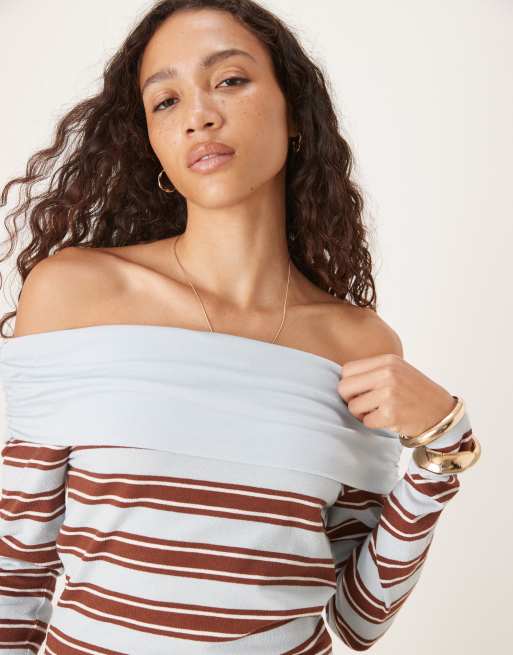 ASOS DESIGN - Top à encolure rabattue et épaules dénudées à rayures texturées - Bleu et chocolat, 2 de 4