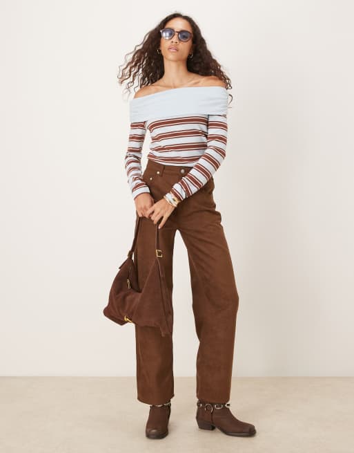ASOS DESIGN - Top à encolure rabattue et épaules dénudées à rayures texturées - Bleu et chocolat, 3 de 4