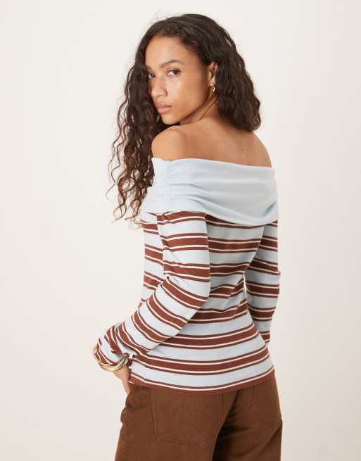 ASOS DESIGN - Top à encolure rabattue et épaules dénudées à rayures texturées - Bleu et chocolat, 4 de 4