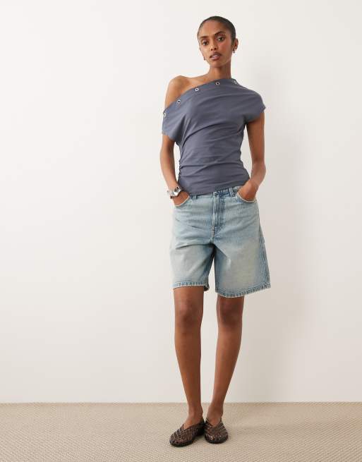 ASOS DESIGN - Top à épaule dénudée et œillets - Bleu marine délavé, 3 de 4