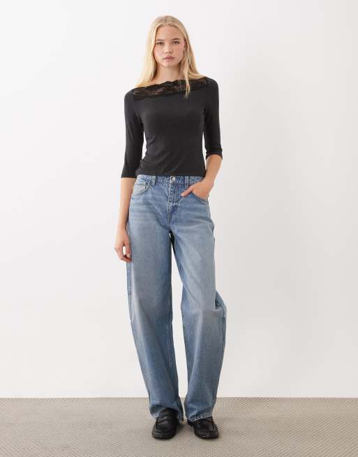 ASOS DESIGN top à épaules dénudées à manches longues avec bordure en dentelle noir, 2 de 4