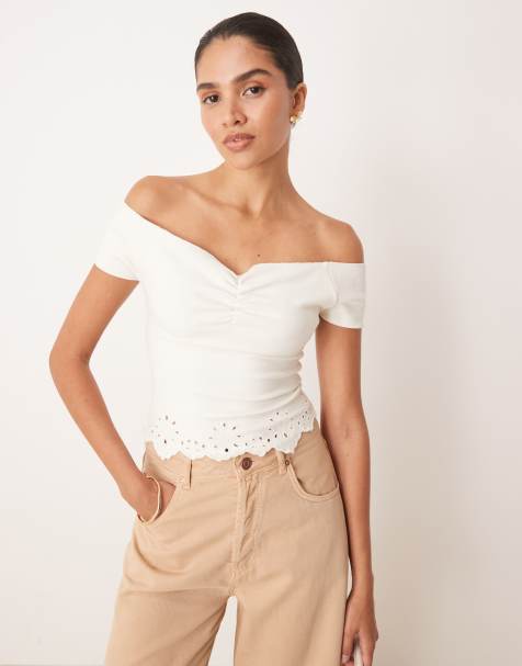 ASOS DESIGN - Top à épaules dénudées avec ourlet orné de broderies ajourées - Blanc - view 1