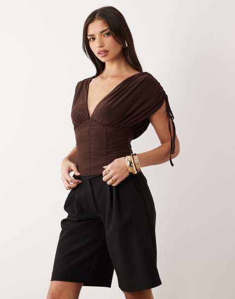 ASOS DESIGN - Top à épaules dénudées et fronces prononcées - Marron - view 1