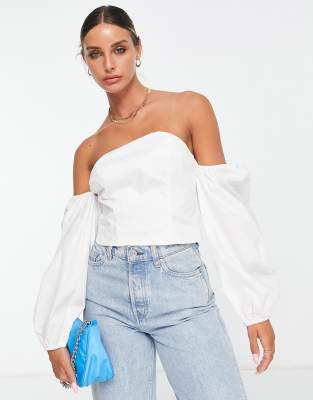 Haut Topshop Blanc Floral épaules Dénudées, Taille Très Ample (taille 8/10-12), Occasion Très Bon état