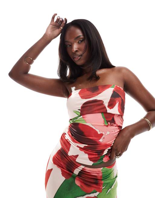 ASOS DESIGN - Top a fascia aderente arricciato sui lati con fiori oversize in coordinato