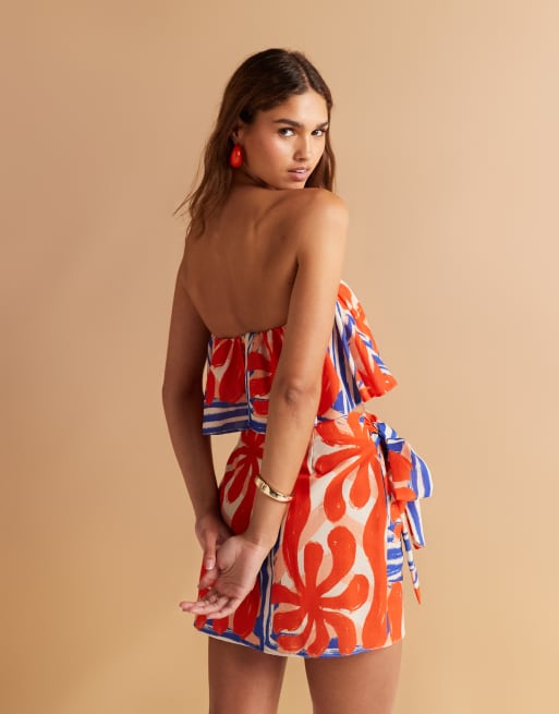ASOS DESIGN - Top a fascia asimmetrico rosso e blu con stampa tropicale in coordinato, 4 di 4