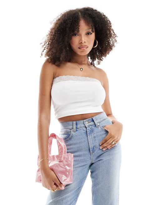 ASOS DESIGN - Top a fascia avorio con finiture in pizzo