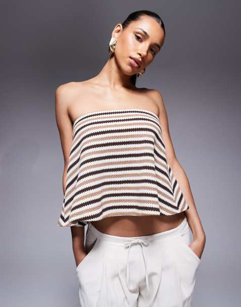 ASOS DESIGN - Top a fascia comodo in maglia marrone a righe - view 1