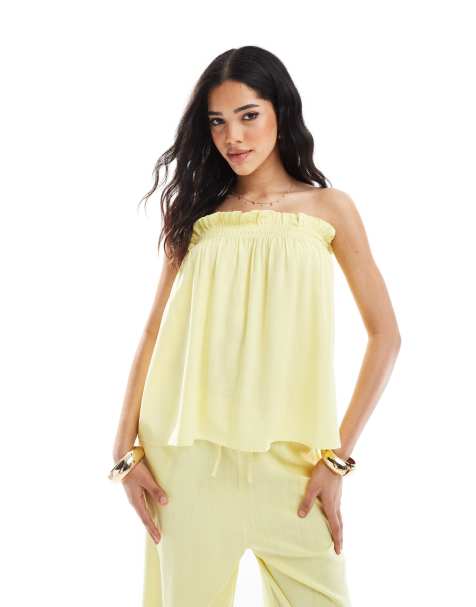 ASOS DESIGN - Top a fascia con volant effetto lino color latticello in coordinato - view 1