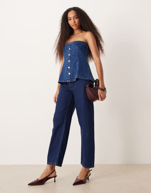 ASOS DESIGN - Top a fascia in denim blu medio con bottoni dorati, 2 di 4