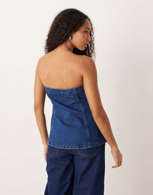 ASOS DESIGN - Top a fascia in denim blu medio con bottoni dorati, 4 di 4