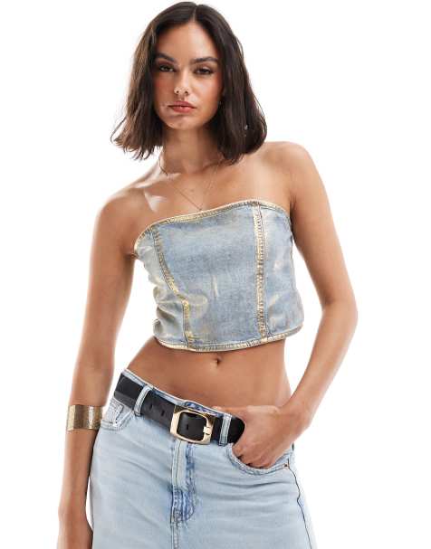 ASOS DESIGN - Top a fascia in denim foglia d'oro metallico - view 1