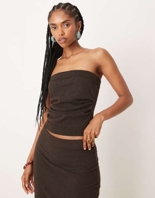 ASOS DESIGN - Top a fascia in maglia bouclé color cioccolato in coordinato