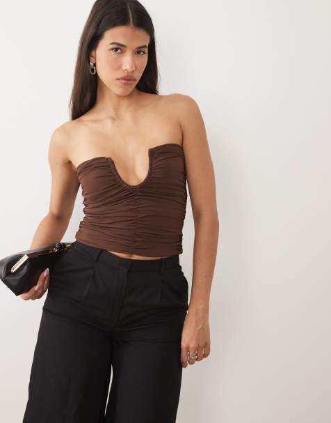 ASOS DESIGN - Top a fascia in poliammide marrone con scollo a U - view 1