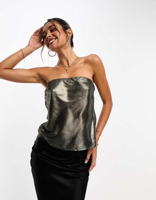 ASOS DESIGN - Top a fascia in raso color oro metallico