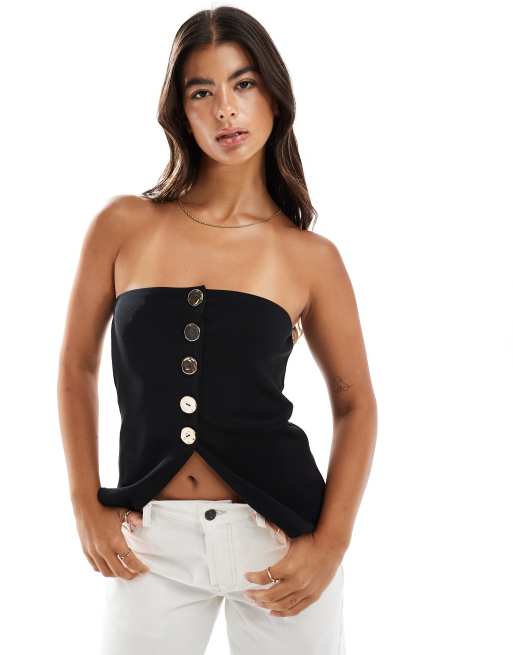 ASOS DESIGN - Top a fascia nero a coste con bottoni dorati 