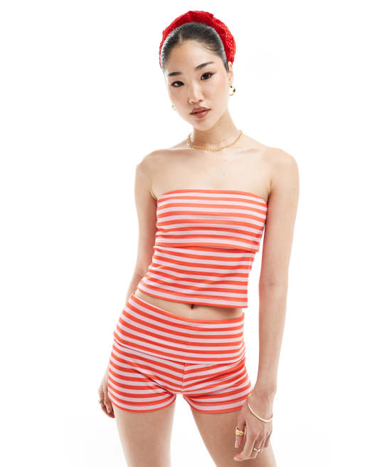 ASOS DESIGN - Top a fascia rosso a righe in coordinato
