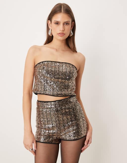 ASOS DESIGN - Top a fascia sartoriale color ostrica con paillettes in coordinato