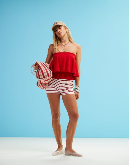 ASOS DESIGN - Top a fascia strutturato rosso in maglia con volant, 2 di 4
