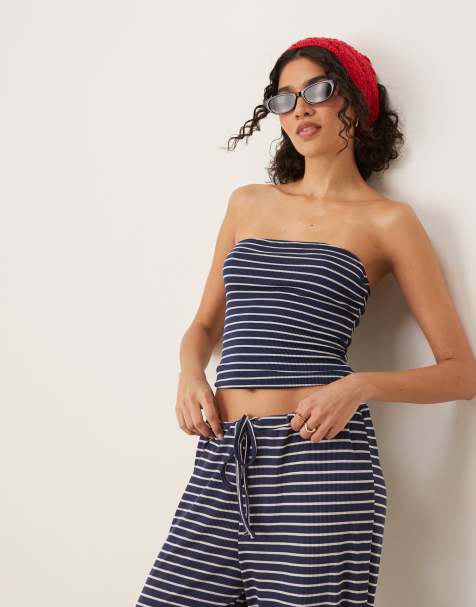 ASOS DESIGN - Top a fascia taglio lungo a righe blu navy in coordinato - view 1