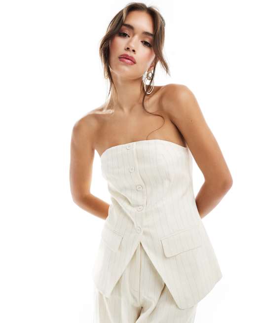 ASOS DESIGN - Top a fascia taglio lungo sartoriale premium color crema a righe