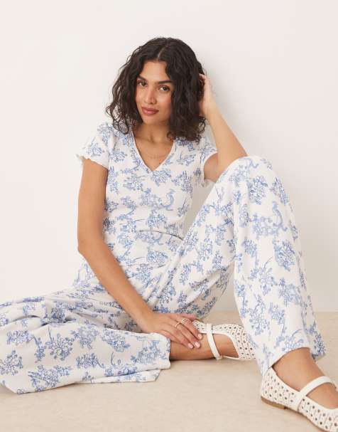 ASOS DESIGN - Top a fiori blu a nido d'ape in coordinato - view 1