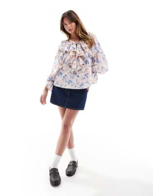 DESIGN - Vestito Midi Rosa A Fiori Con Volant, Scollo A V E Maniche Svasate