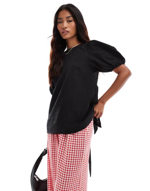 ASOS DESIGN - Top à manches bouffantes avec liens dans le dos - Noir