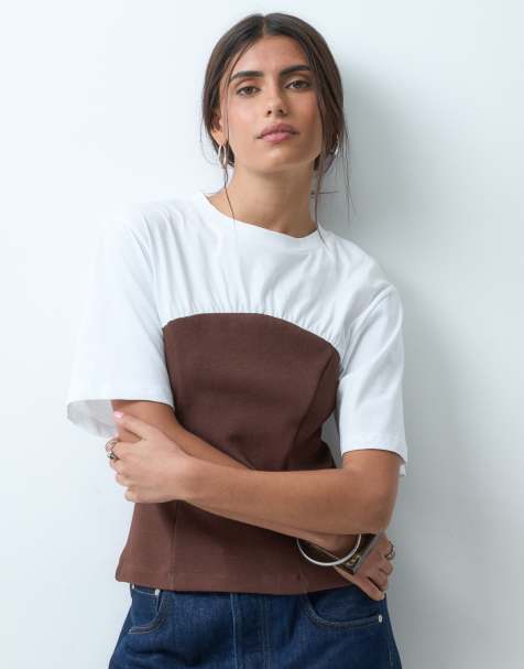 ASOS DESIGN top à manches courtes avec bandeau contrastant couleur chocolat - view 1