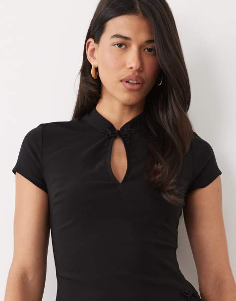 ASOS DESIGN top à manches courtes col mao avec détails de boutons passepoilés noir - view 1