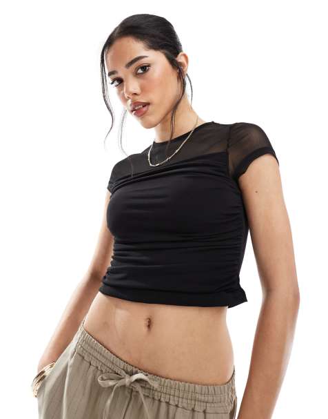 ASOS DESIGN - Top à manches courtes drapé à l'avant en tulle - Noir - view 1