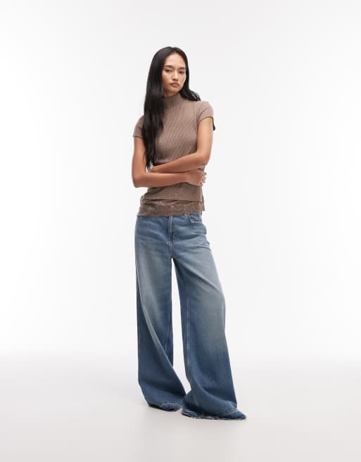 ASOS DESIGN - Top à manches courtes et col roulé avec ourlet asymétrique en dentelle - Marron, 2 de 4