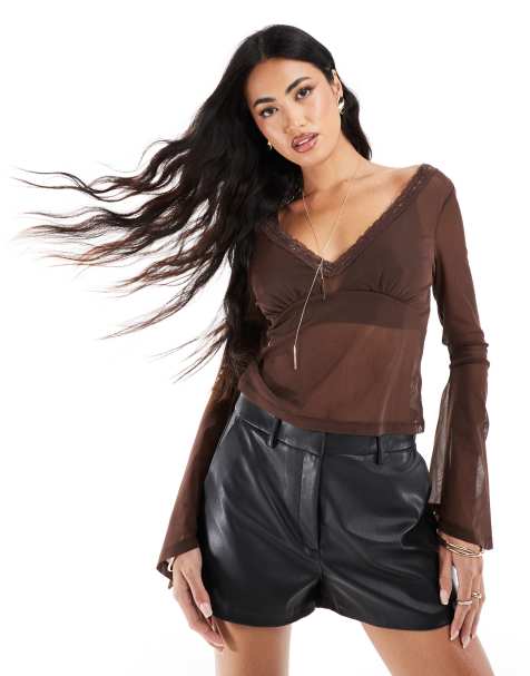 ASOS DESIGN - Top à manches évasées avec détail en dentelle - Marron - view 1