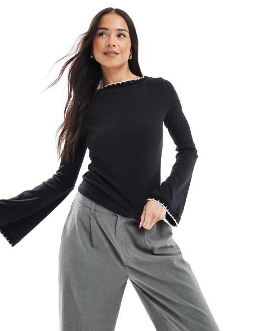 ASOS DESIGN - Top à manches larges et détails festonnés - Noir, 3 de 4