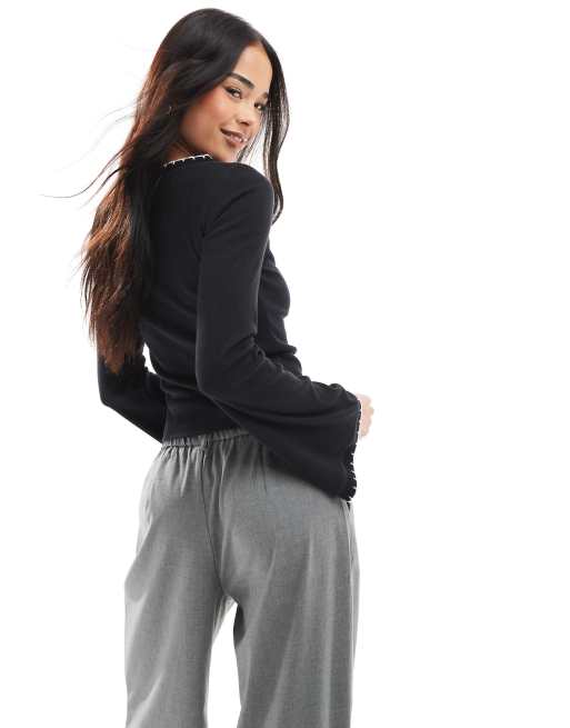 ASOS DESIGN - Top à manches larges et détails festonnés - Noir, 4 de 4