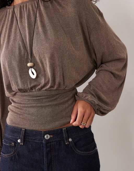 ASOS DESIGN top à manches longues avec détail de taille cintrée en chocolat, 3 de 4