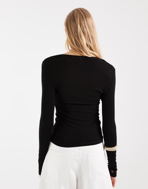 ASOS DESIGN top à manches longues col V en mélange de lyocell noir, 4 de 4
