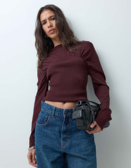 ASOS DESIGN top à manches longues en maille fine avec détail froncé couleur chocolat, 5 de 5