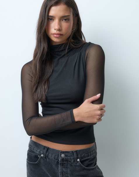 ASOS DESIGN top à manches longues en mélange coton et mesh compact avec fronces aux épaules, noir - view 1