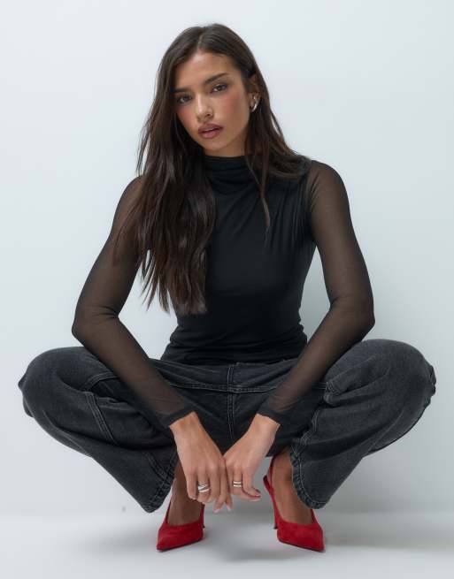 ASOS DESIGN top à manches longues en mélange coton et mesh compact avec fronces aux épaules, noir, 4 de 5