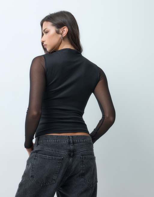 ASOS DESIGN top à manches longues en mélange coton et mesh compact avec fronces aux épaules, noir, 5 de 5